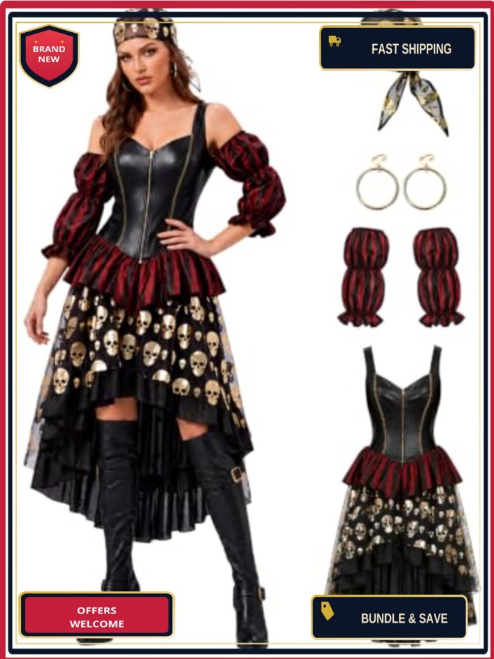 Faux Leather Pirate Corset Dress Costume 4 PCS Set Halloween